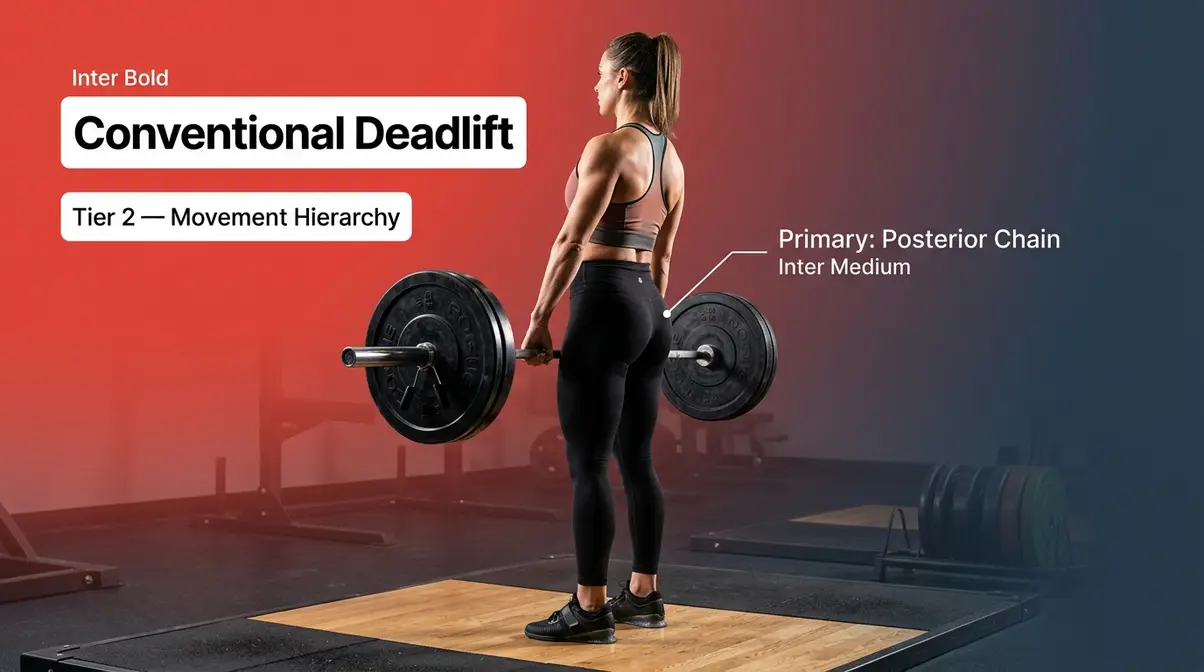 Conventional deadlift exercise demonstration showing proper lockout position and posterior chain engagement
