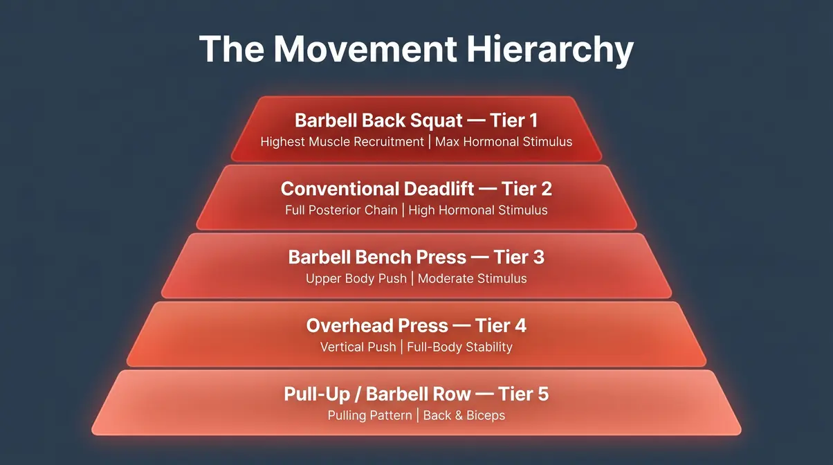 The Movement Hierarchy pyramid ranking the best compound exercises for strength by muscle recruitment and hormonal stimulus