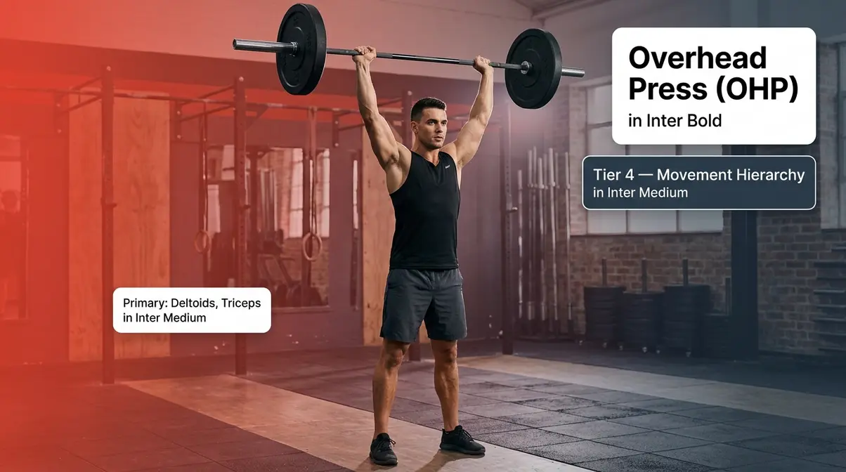 Overhead press exercise demonstration showing proper lockout position with bar overhead