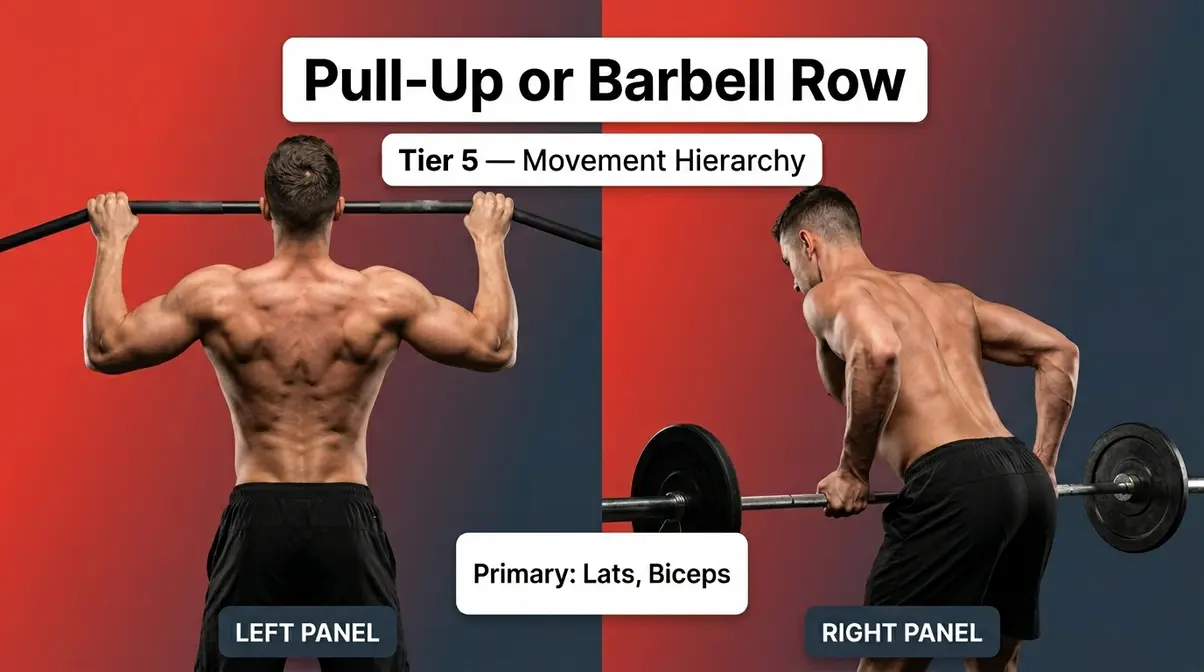 Pull-up and barbell row exercise demonstration showing proper back contraction and elbow drive