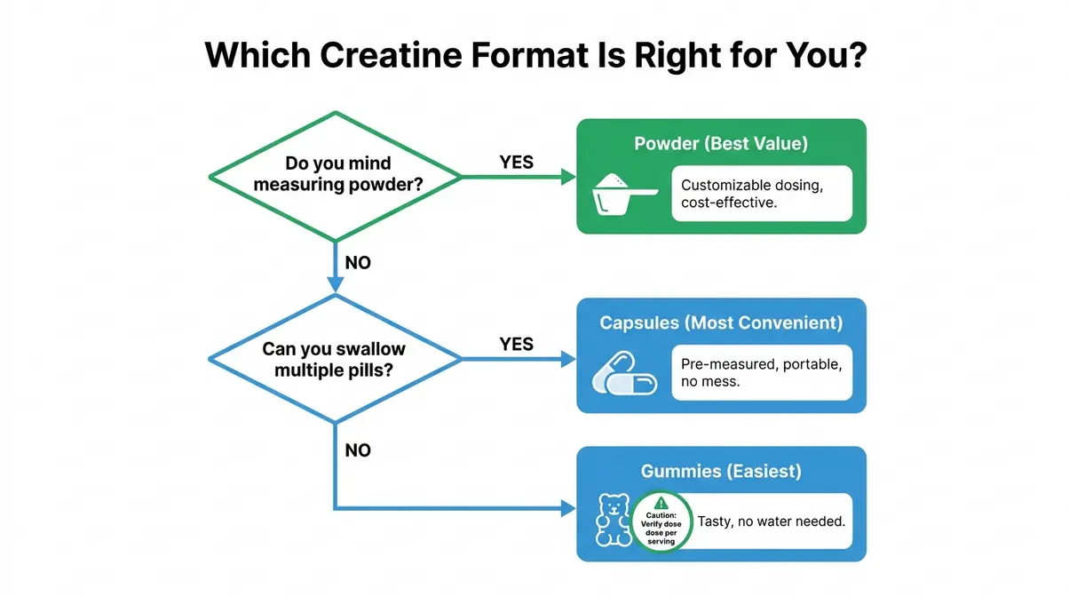 Flowchart comparing creatine powder capsules and gummies for best creatine supplement choice