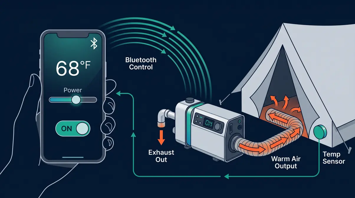 Diagram showing smartphone app connecting via Bluetooth to diesel heater with temperature control for camping