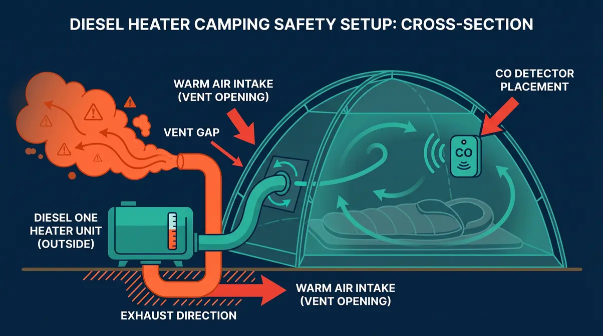 Diagram showing diesel heater placed outside tent with exhaust routed away and CO detector inside sleeping area