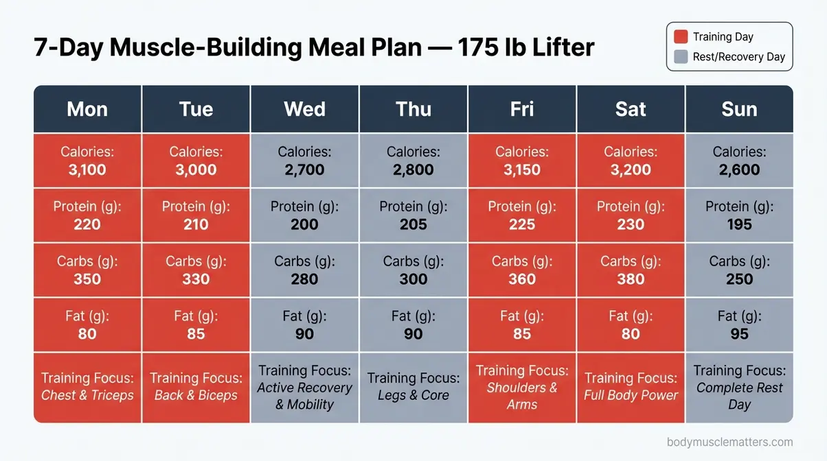 Weekly meal plan chart showing daily calorie and macro targets color-coded by training versus rest days for a 175-pound lifter