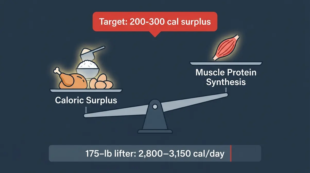Balance scale diagram showing caloric surplus on one side and muscle protein synthesis on the other for muscle growth