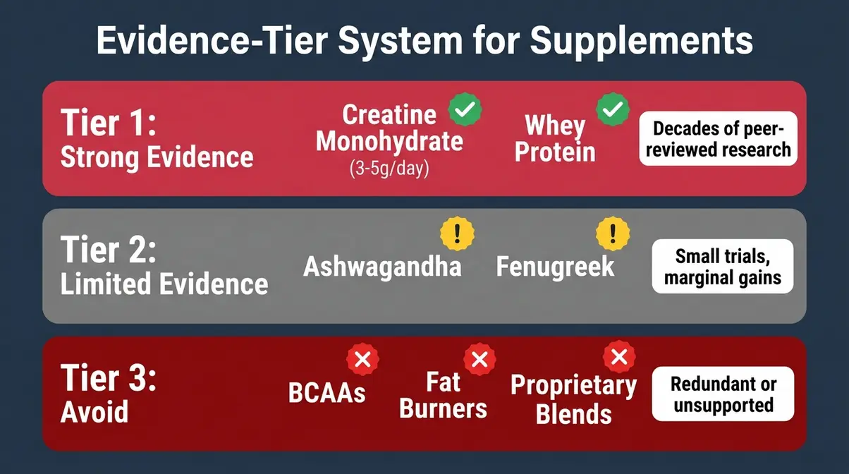 Three-tier supplement evidence pyramid showing creatine and whey at top, adaptogens in middle, and BCAAs and fat burners to avoid at bottom