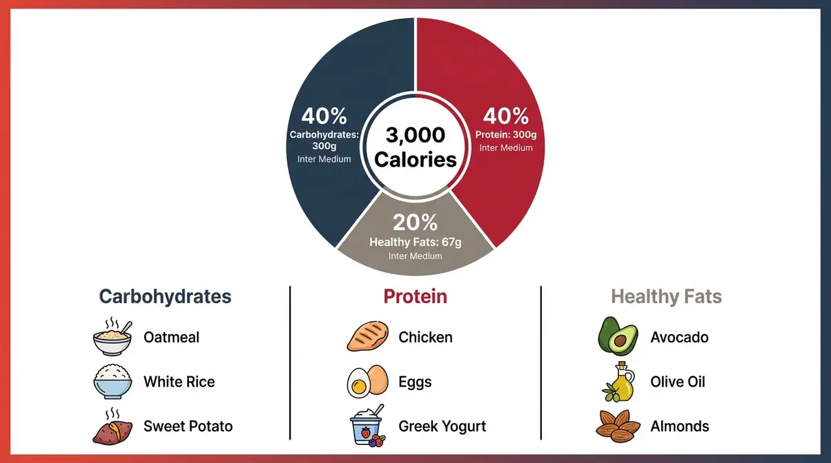 Pie chart showing 40-40-20 macro split with 300g carbs, 300g protein, and 67g fat for a 3,000-calorie muscle-building diet