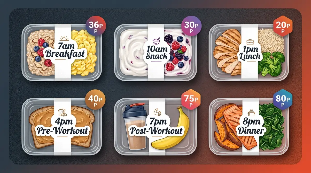 Six meal prep containers arranged by timing from breakfast through dinner showing a complete muscle-building daily meal plan