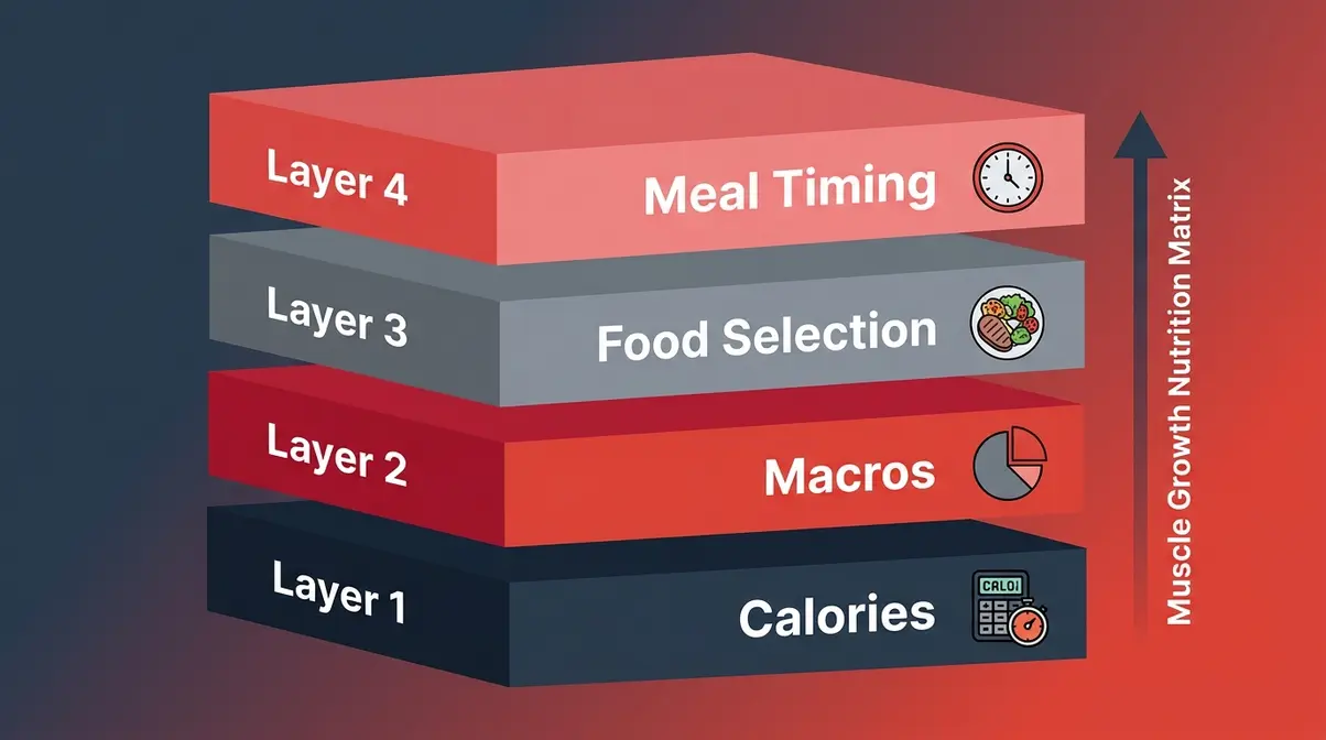 Four-layer Muscle Growth Nutrition Matrix diagram showing calories, macros, food selection, and meal timing stacked sequentially