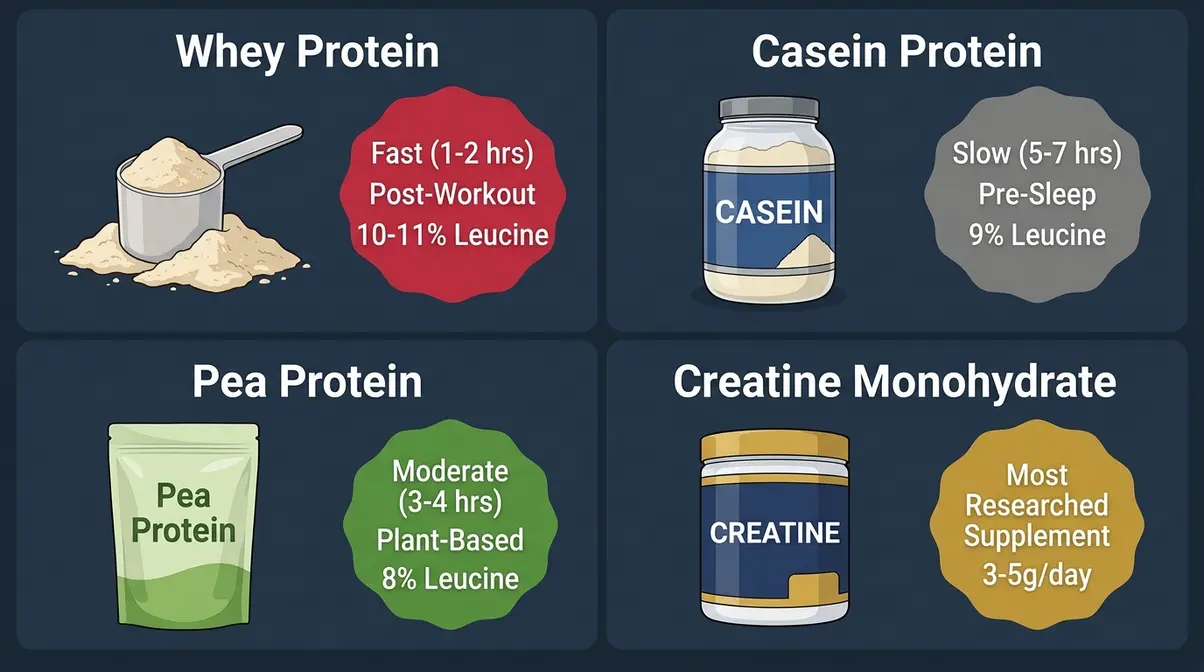 Four-panel comparison of whey, casein, pea protein, and creatine supplements showing digestion rates and best timing