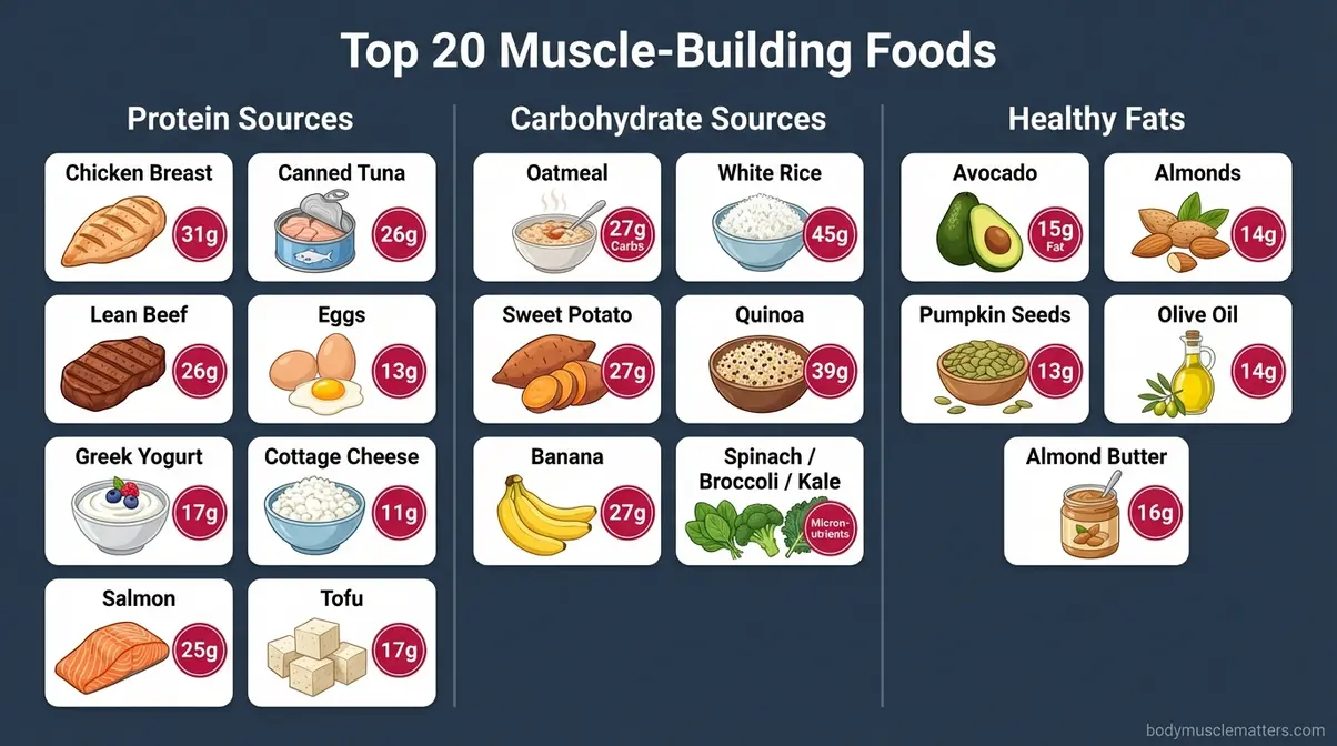 Categorized infographic of 20 best muscle-building foods showing protein grams per serving across protein, carb, and fat categories