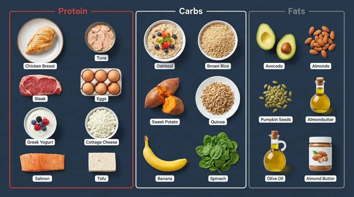 Overhead grid of 20 best muscle-building foods organized into protein, carbohydrate, and healthy fat zones