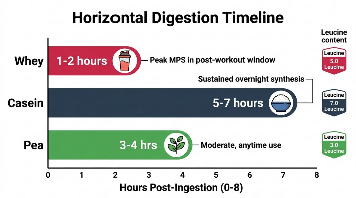 Digestion timeline comparison of whey, casein, and pea protein showing absorption rates and optimal timing for muscle synthesis
