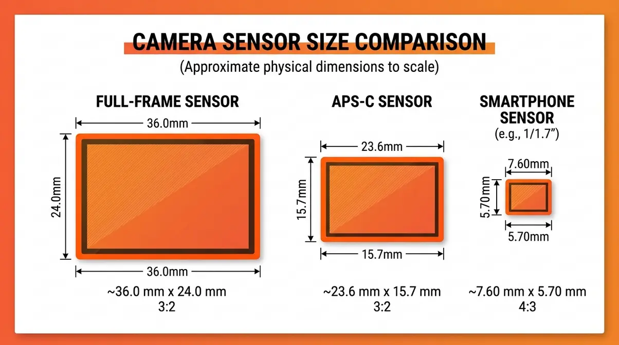 Camera sensor size comparison showing full-frame, APS-C, and smartphone sensor dimensions to scale