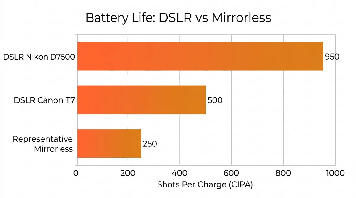 Battery life bar chart comparing DSLR Canon T7, Nikon D7500, and mirrorless cameras in shots per charge