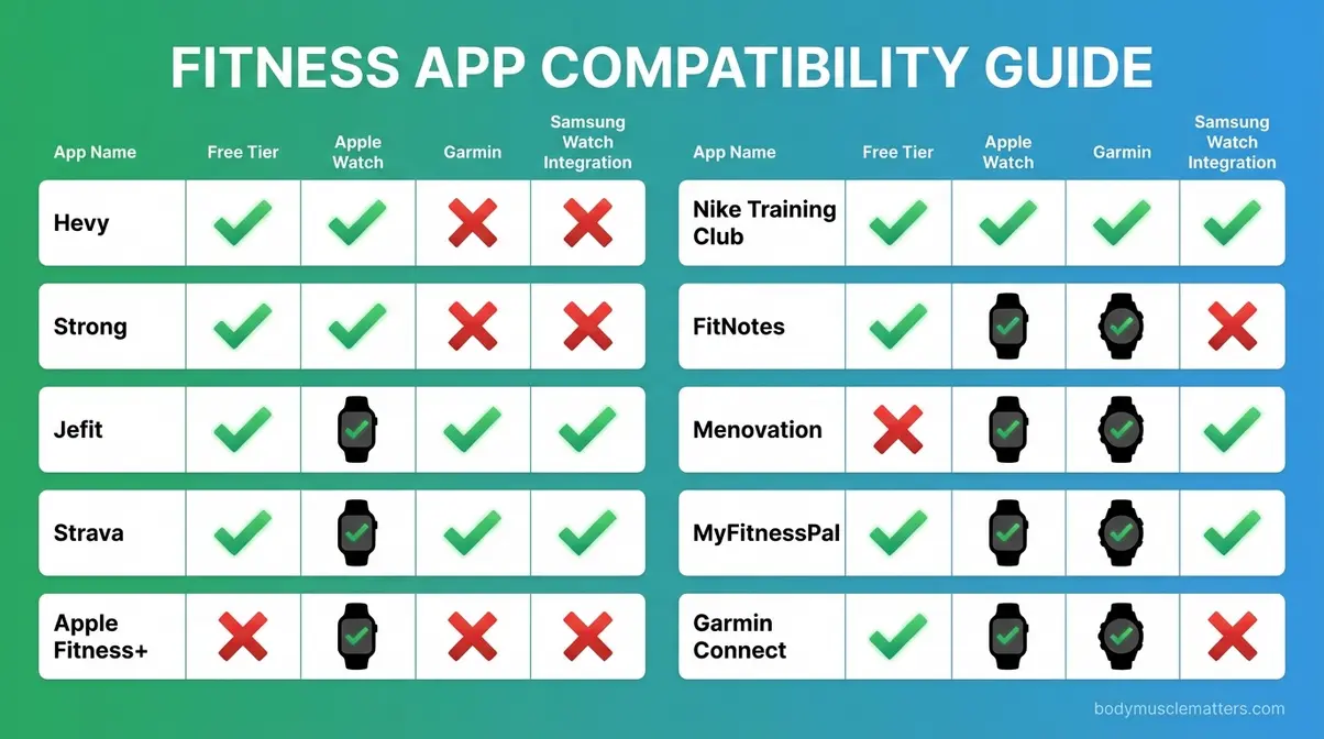Best fitness apps for tracking workouts comparison chart showing free tier and smartwatch compatibility