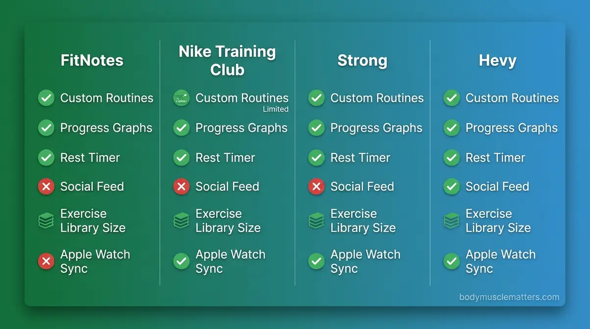 Best free fitness apps comparison showing FitNotes Nike Training Club Strong and Hevy features