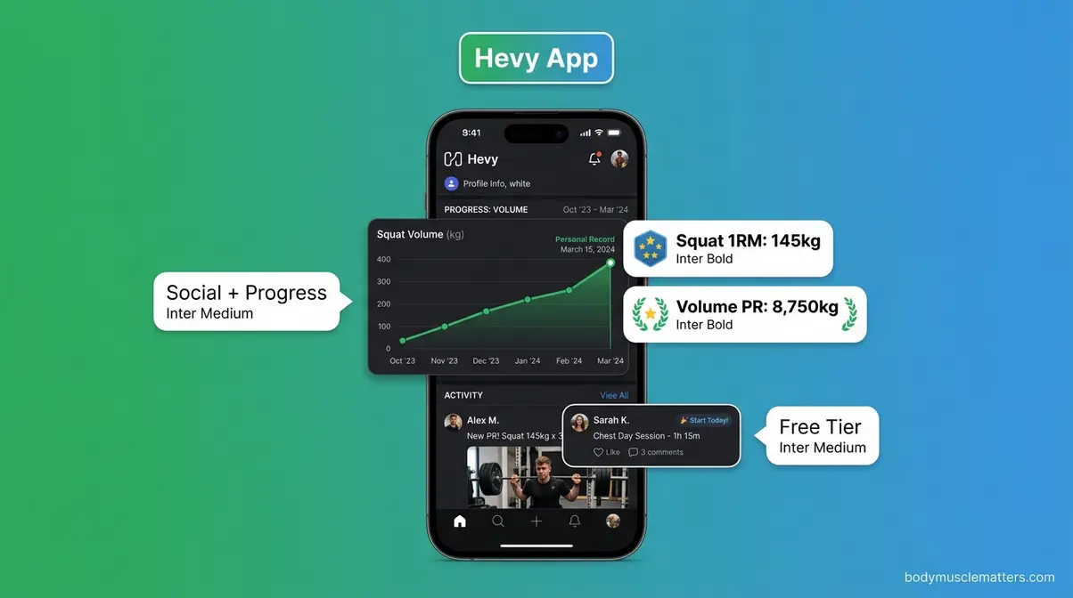 Hevy app showing workout volume progress charts and social friend feed on smartphone