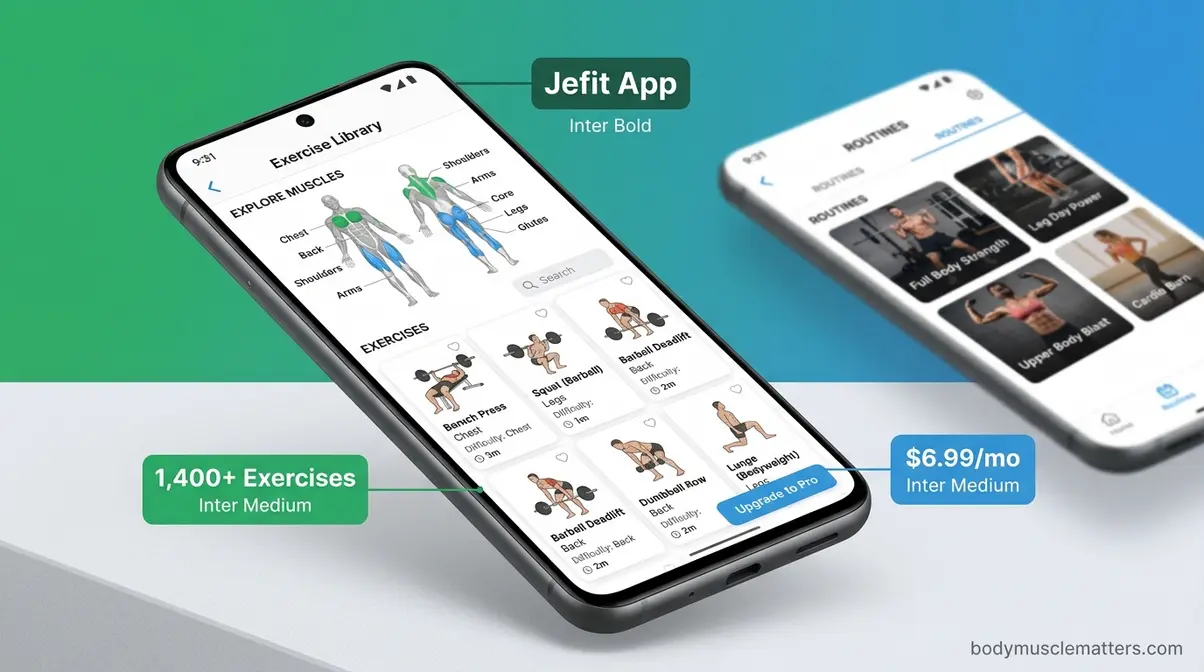 Jefit app exercise library showing 1400 plus movements with muscle diagrams on smartphone