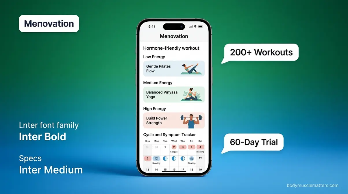 Menovation app showing hormone-friendly workout selection and cycle tracker for women over 40
