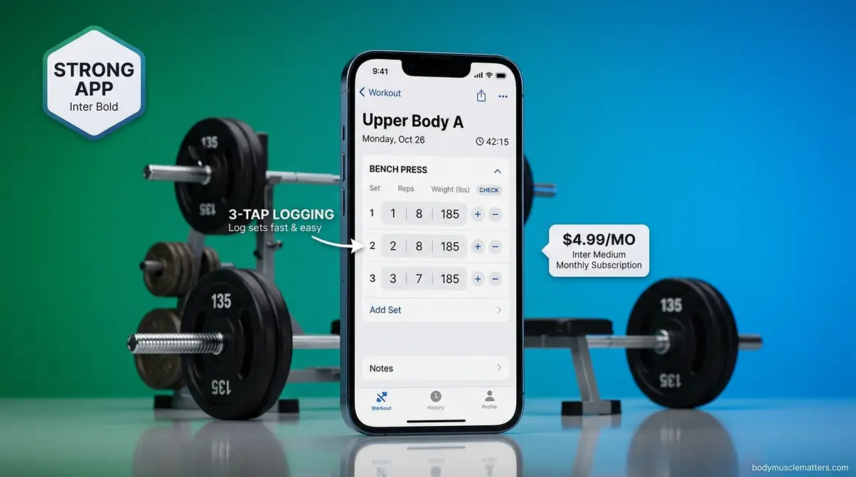Strong workout app interface showing fast three-tap gym logging on smartphone