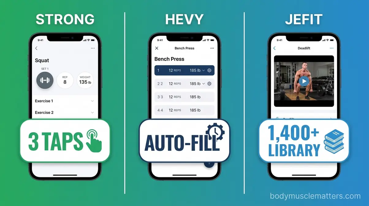 Strong Hevy Jefit interface comparison showing tap count and logging clarity for gym tracking