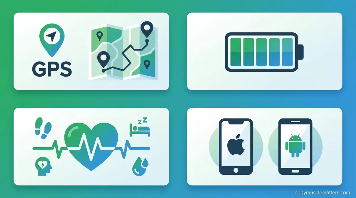 Fitness tracker buying guide illustration showing GPS, battery life, health features, and compatibility decision factors