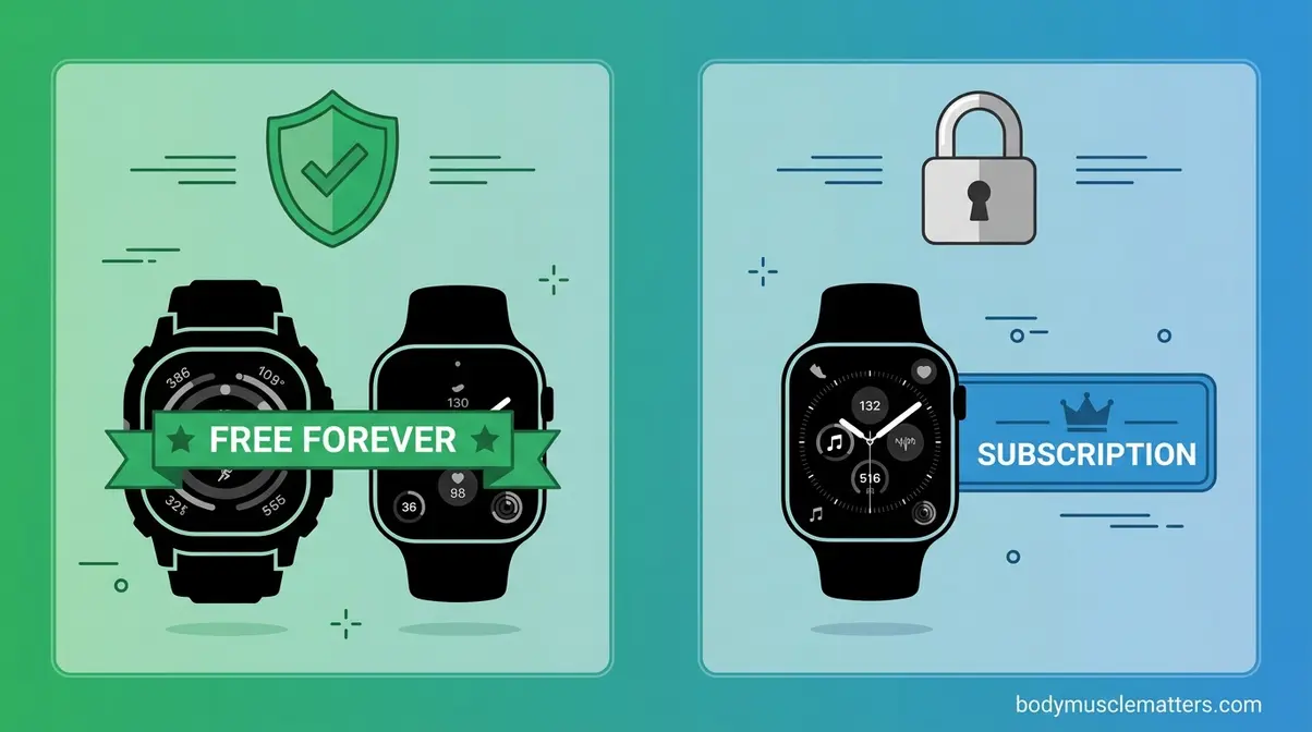 Fitness tracker subscription fee comparison showing free Garmin and Amazfit options versus Fitbit Premium paywall