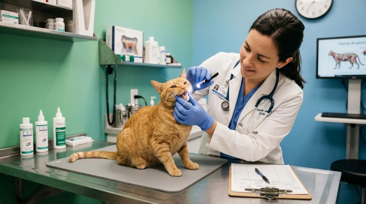 Veterinarian examining cat gum health during dental checkup to verify progress after dental diet change