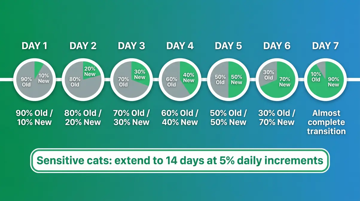 Illustrated 7-day transition timeline showing gradual ratio shift from old cat food to new dental food day by day