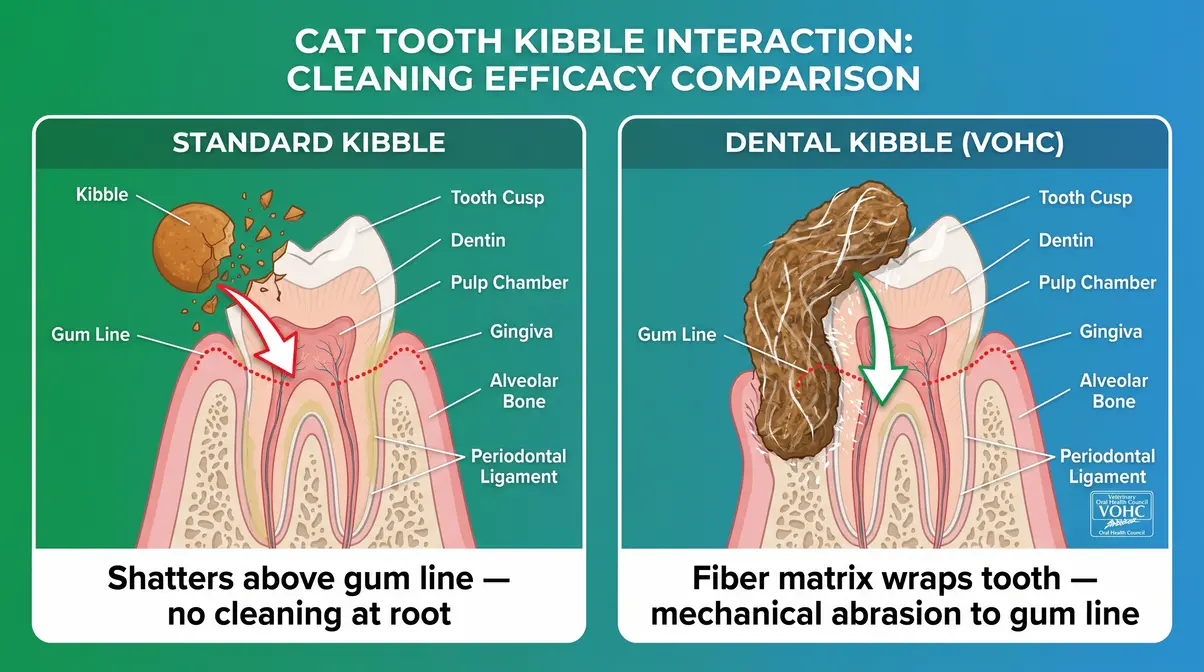 Diagram showing how dental kibble fiber matrix wraps around cat tooth for mechanical abrasion versus standard kibble that shatters