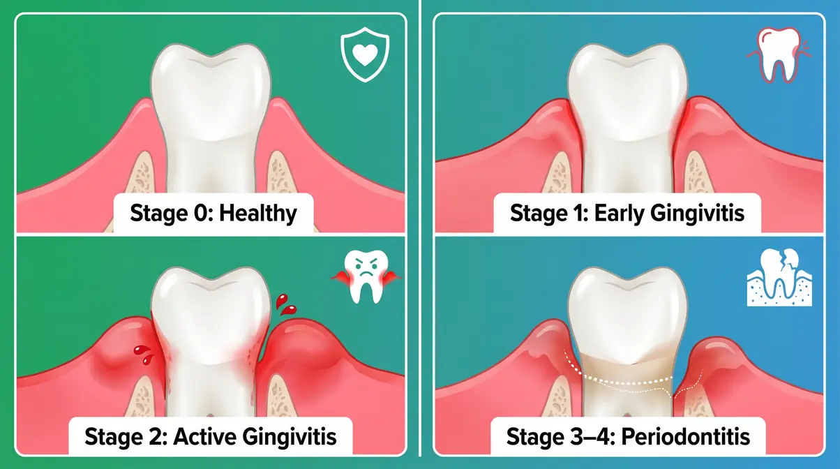 Infographic showing four stages of cat gum disease from healthy pink gums to advanced periodontitis with bone loss