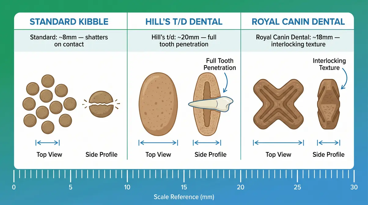 Comparison chart showing size and shape differences between standard cat kibble and dental kibble from Hills td and Royal Canin