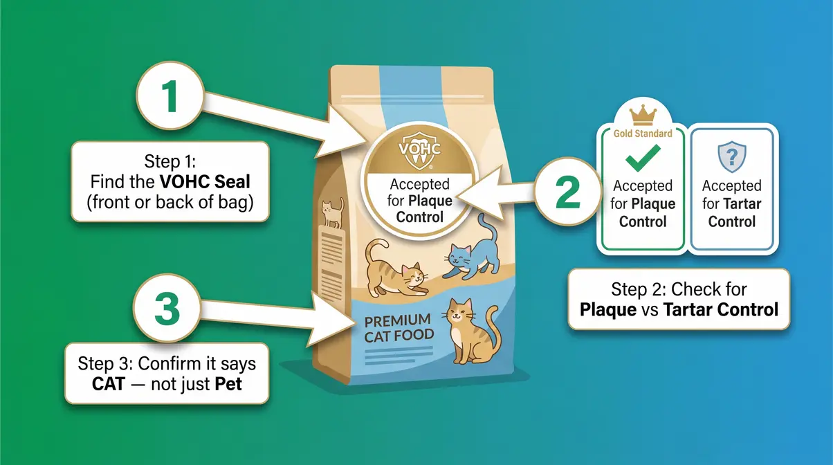 Visual guide showing how to find the VOHC seal on cat food packaging with plaque versus tartar control labels