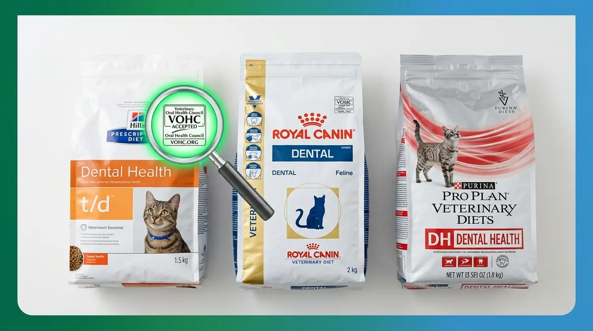 Three VOHC-verified prescription dental cat food bags including Hills td Royal Canin and Purina Pro Plan DH
