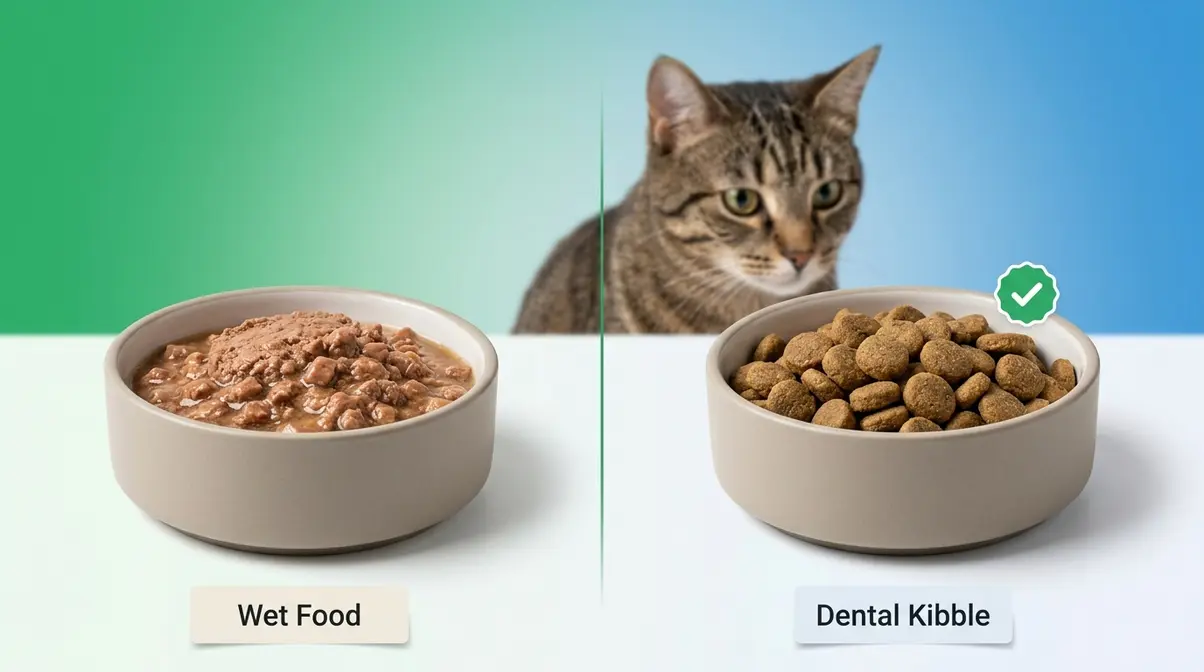 Side by side comparison of wet cat food and dry dental kibble for cat gum health decision making