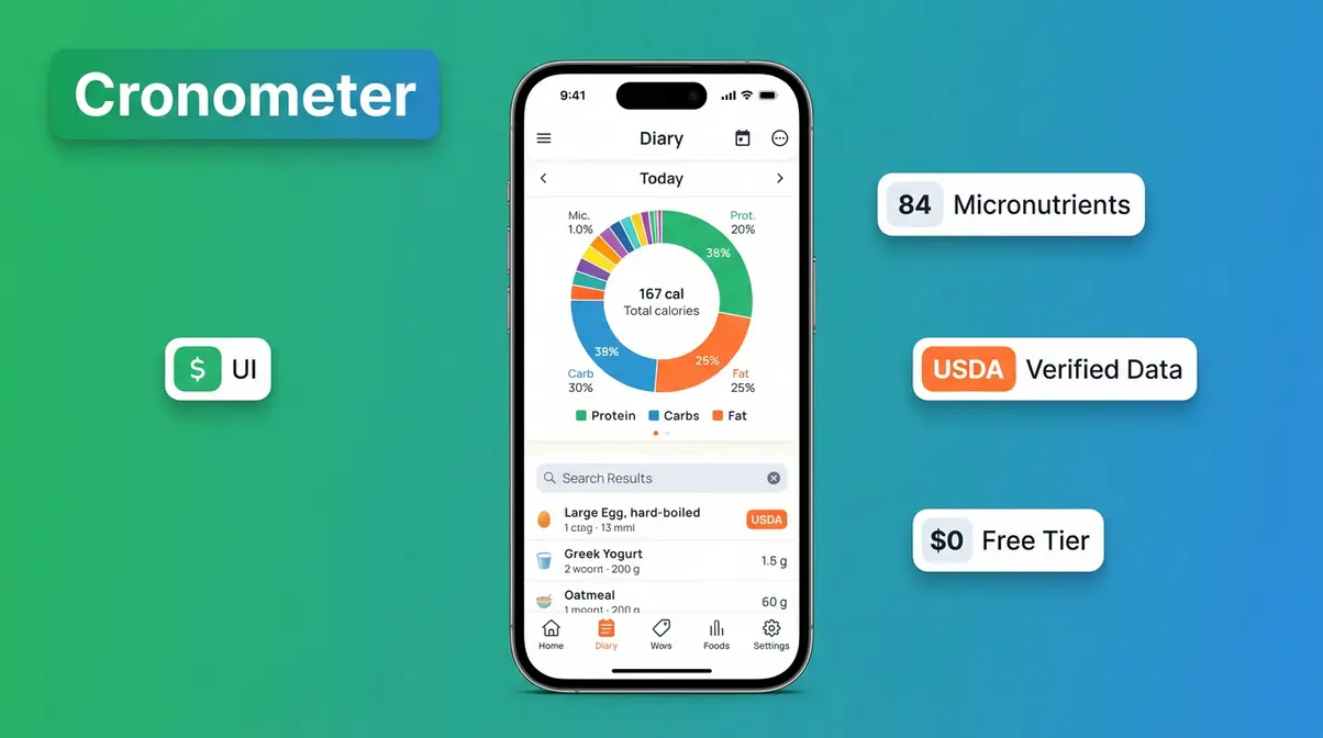 Cronometer nutrition tracking app showing USDA-verified food entries and micronutrient dial on smartphone