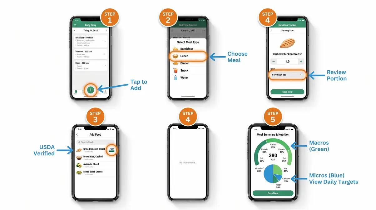 Cronometer app logging screen showing USDA-verified food entry selection and nutrient dial for beginners