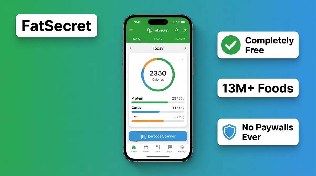 FatSecret food tracking app showing completely free calorie diary with barcode scanner and macro tracking