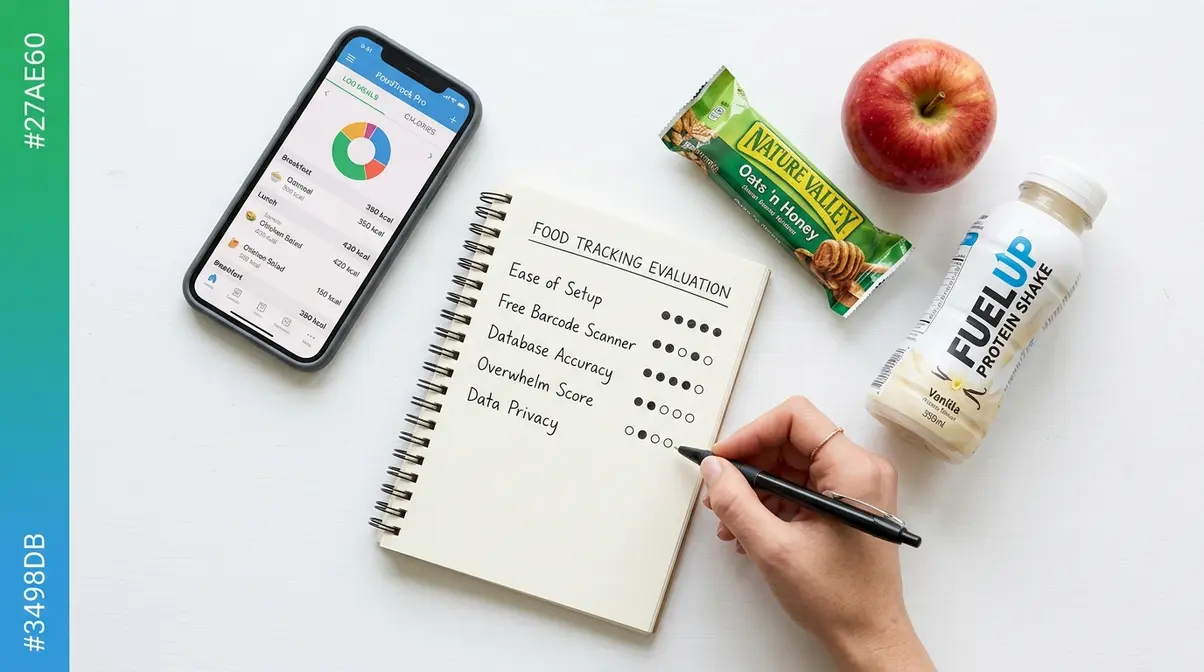 Food tracking app evaluation setup with smartphone, checklist, and five test foods on a clean surface