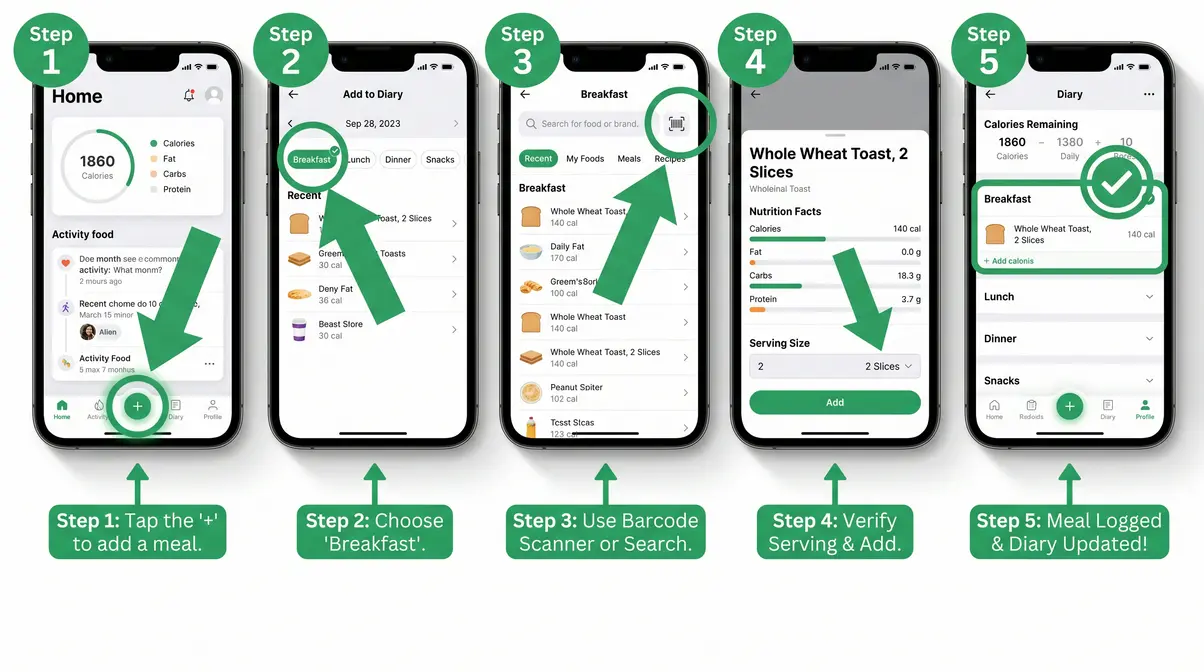 Lose It! food tracking app showing five meal logging steps with barcode scanner highlighted for beginners