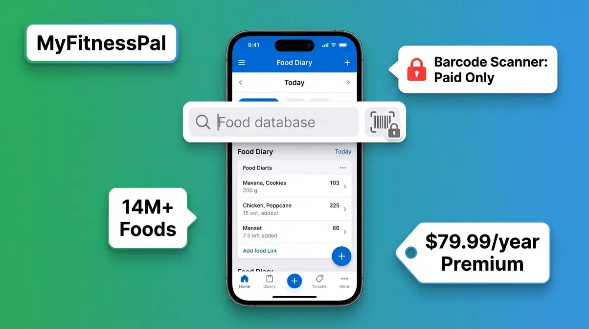 MyFitnessPal food tracking app showing large food database with barcode scanner locked behind paid subscription