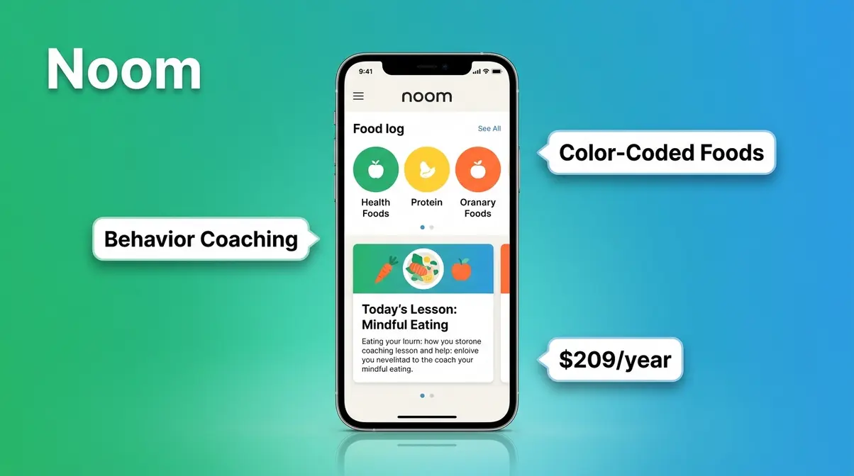 Noom food tracking app showing color-coded food system and daily behavior coaching lesson on smartphone