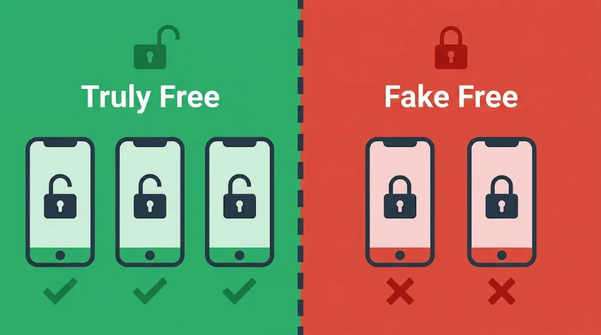 Split illustration comparing truly free food tracking apps with green checkmarks versus fake free apps with red locks