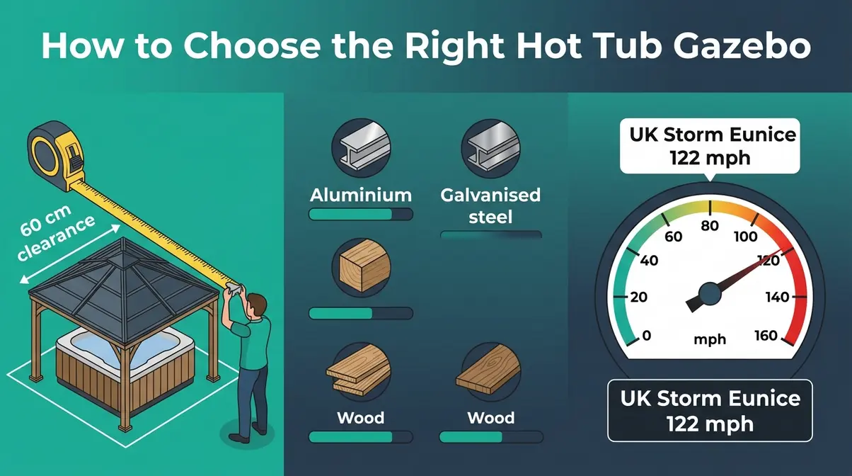 Best Gazebo for Hot Tub UK: 8 Hardtop Picks (2026) 19 Hot tub gazebo buying guide showing size, material, and wind resistance considerations for UK gardens