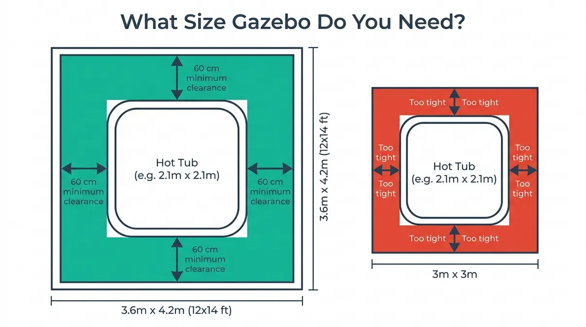 Best Gazebo for Hot Tub UK: 8 Hardtop Picks (2026) 20 Top-down diagram showing a hot tub inside a gazebo footprint with 60cm clearance zones marked, best gazebo for hot tub UK sizing guide