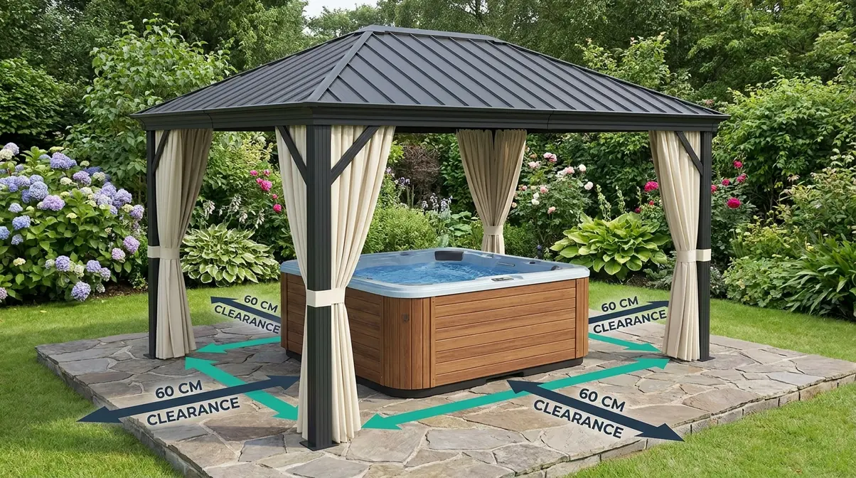 Best Gazebo for Hot Tub UK: 8 Hardtop Picks (2026) 11 PURPLE LEAF 10x14 hardtop gazebo installed over a hot tub in a UK garden showing clearance space