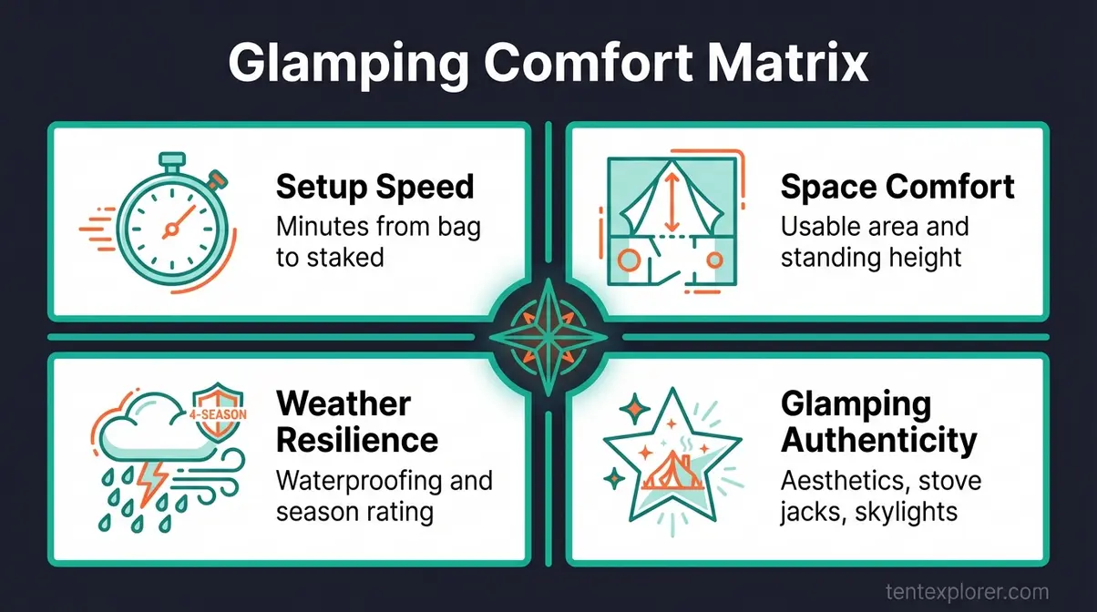 Glamping Comfort Matrix diagram showing four dimensions: setup speed, space comfort, weather resilience, and glamping authenticity