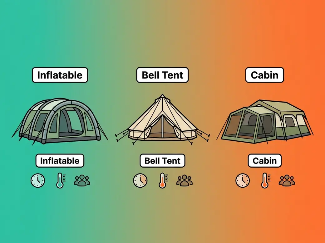 Glamping tent types comparison showing inflatable, bell tent, and cabin tent structures side by side