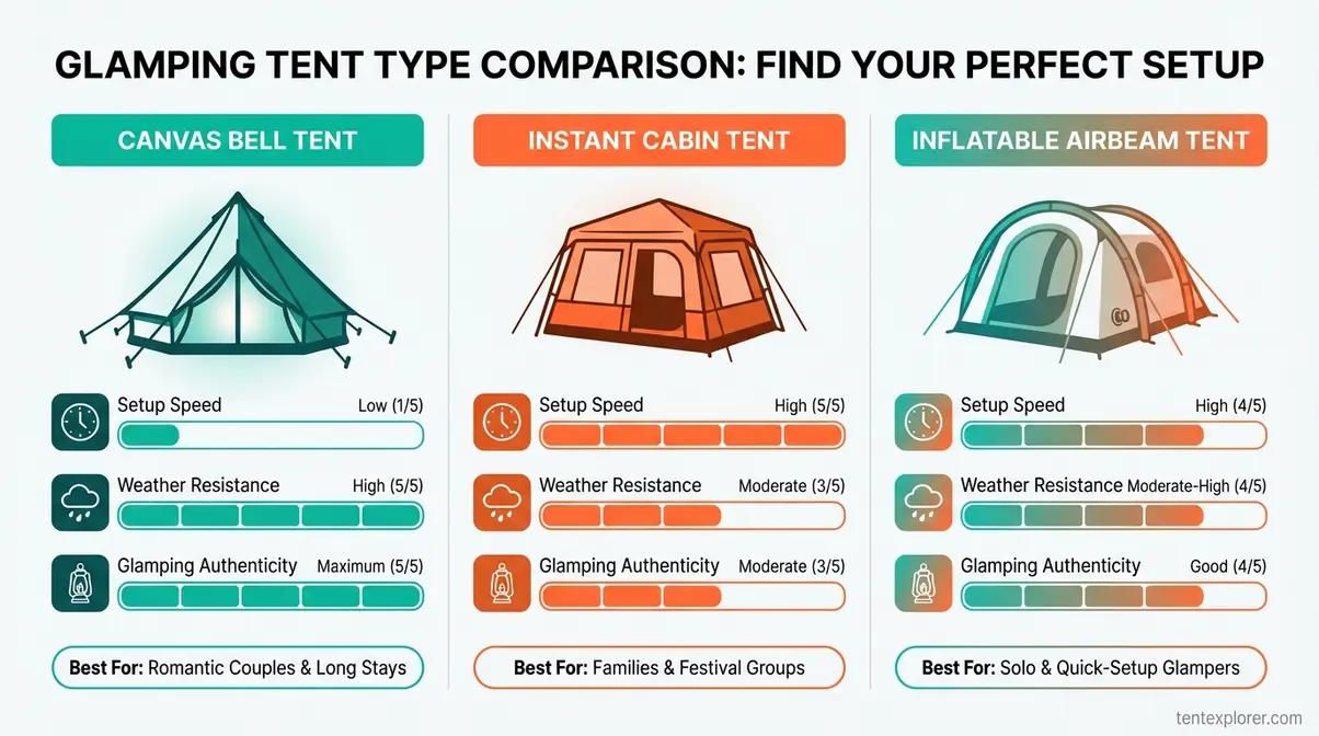 Glamping tent types comparison chart showing bell tent, cabin tent, and inflatable tent rated by setup speed, weather resistance, and authenticity